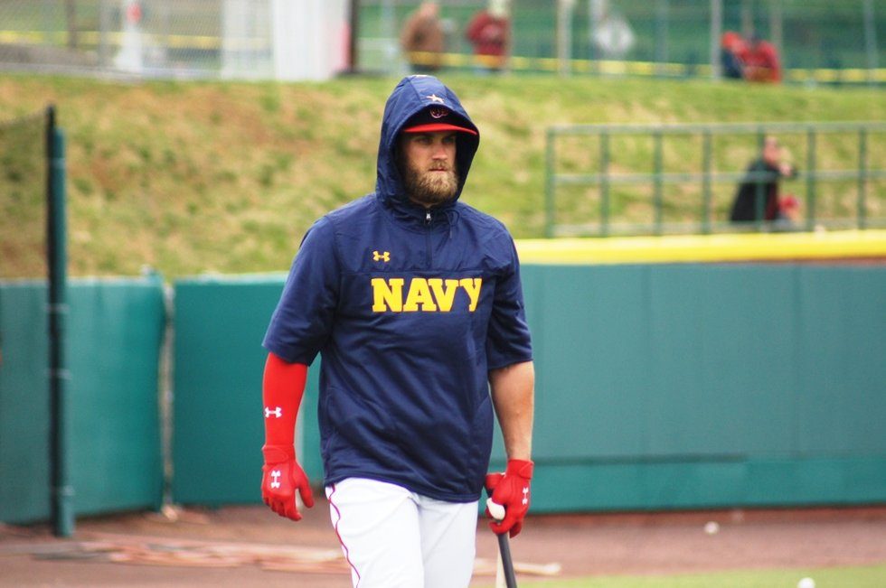 Bryce Harper taking batting practice at Terwilliger Brothers Field wearing a NAVY pullover